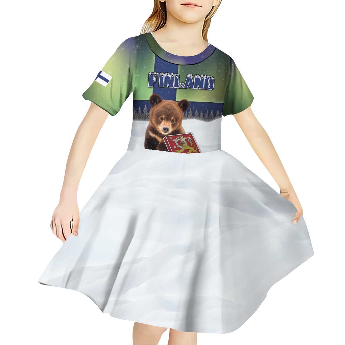 Personalized Finland Kid Short Sleeve Dress Brown Bear With Symbol Under The Aurora Sky - Wonder Print Shop