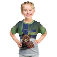 Personalized Finland Kid T Shirt Brown Bear With Symbol Under The Aurora Sky - Wonder Print Shop