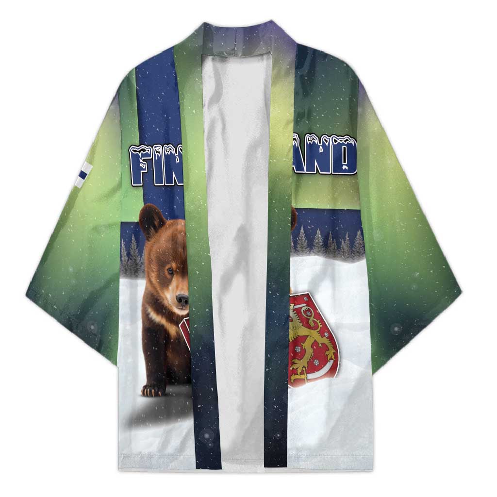 Personalized Finland Kimono Brown Bear With Symbol Under The Aurora Sky - Wonder Print Shop
