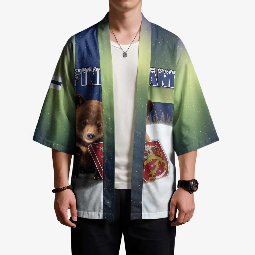 Personalized Finland Kimono Brown Bear With Symbol Under The Aurora Sky - Wonder Print Shop