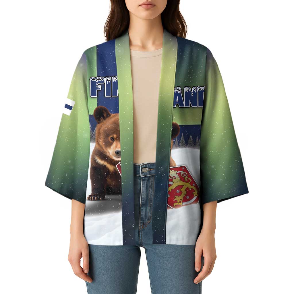 Personalized Finland Kimono Brown Bear With Symbol Under The Aurora Sky - Wonder Print Shop