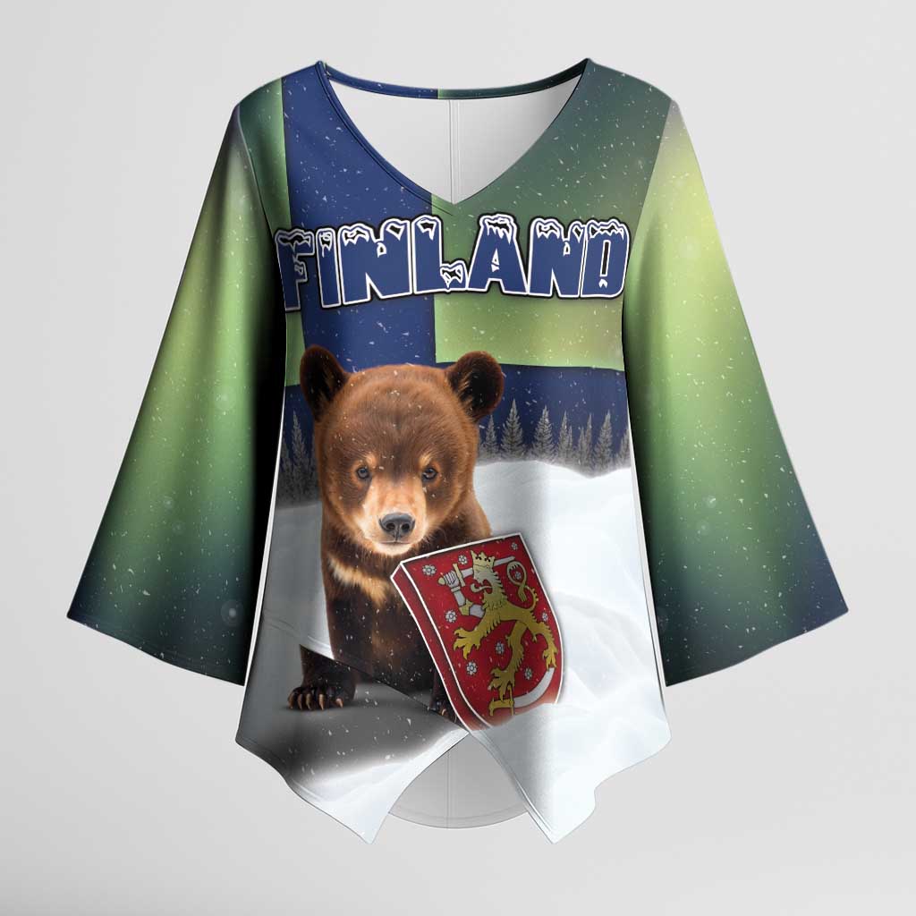 Personalized Finland Kimono Sleeve Blouse Brown Bear With Symbol Under The Aurora Sky - Wonder Print Shop