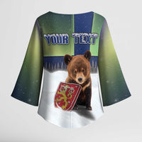 Personalized Finland Kimono Sleeve Blouse Brown Bear With Symbol Under The Aurora Sky - Wonder Print Shop