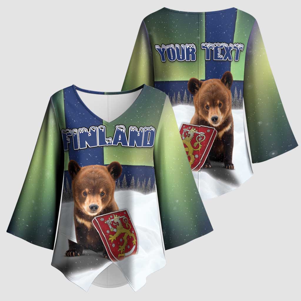 Personalized Finland Kimono Sleeve Blouse Brown Bear With Symbol Under The Aurora Sky - Wonder Print Shop