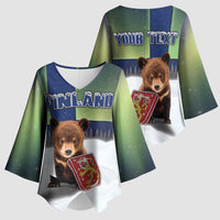 Personalized Finland Kimono Sleeve Blouse Brown Bear With Symbol Under The Aurora Sky - Wonder Print Shop