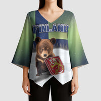 Personalized Finland Kimono Sleeve Blouse Brown Bear With Symbol Under The Aurora Sky - Wonder Print Shop