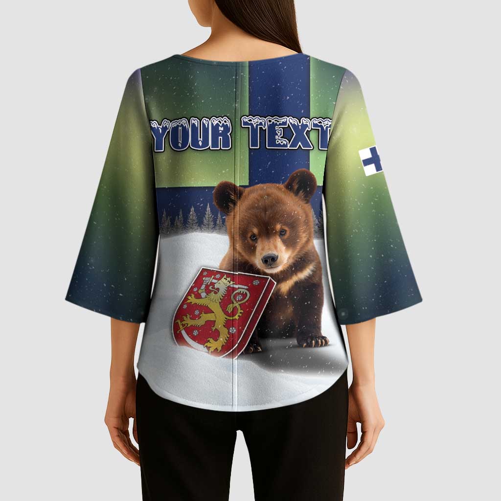 Personalized Finland Kimono Sleeve Blouse Brown Bear With Symbol Under The Aurora Sky - Wonder Print Shop