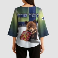 Personalized Finland Kimono Sleeve Blouse Brown Bear With Symbol Under The Aurora Sky - Wonder Print Shop