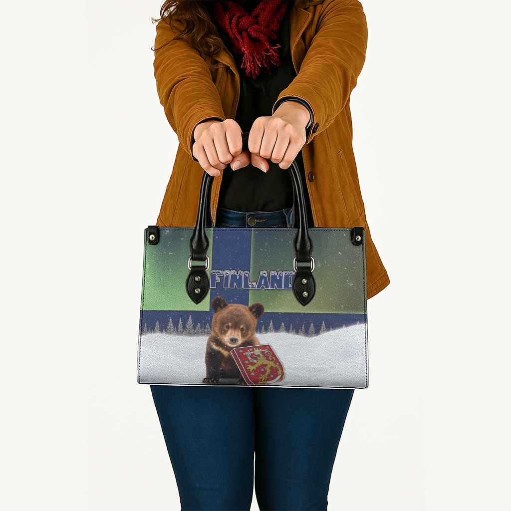 Finland Leather Bag Brown Bear With Symbol Under The Aurora Sky - Wonder Print Shop