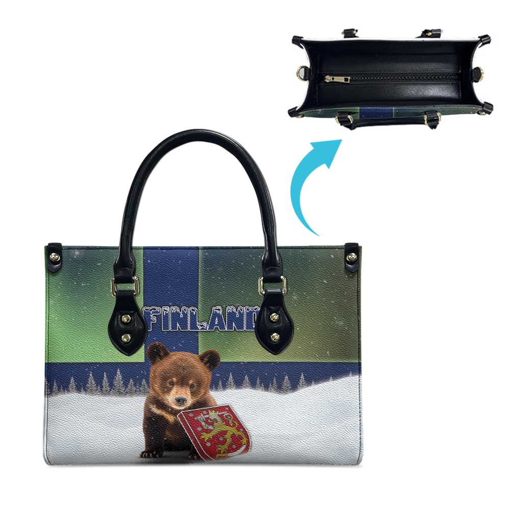 Finland Leather Bag Brown Bear With Symbol Under The Aurora Sky - Wonder Print Shop