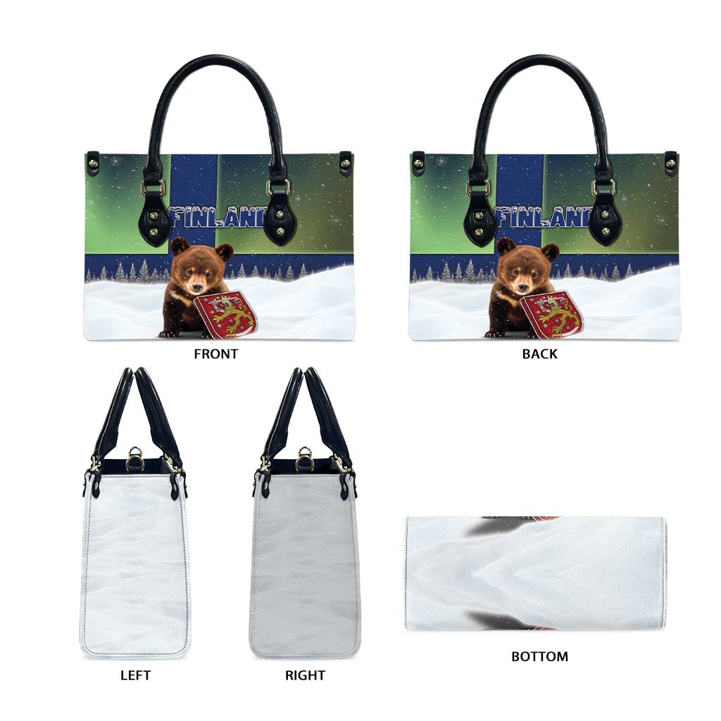 Finland Leather Bag Brown Bear With Symbol Under The Aurora Sky - Wonder Print Shop