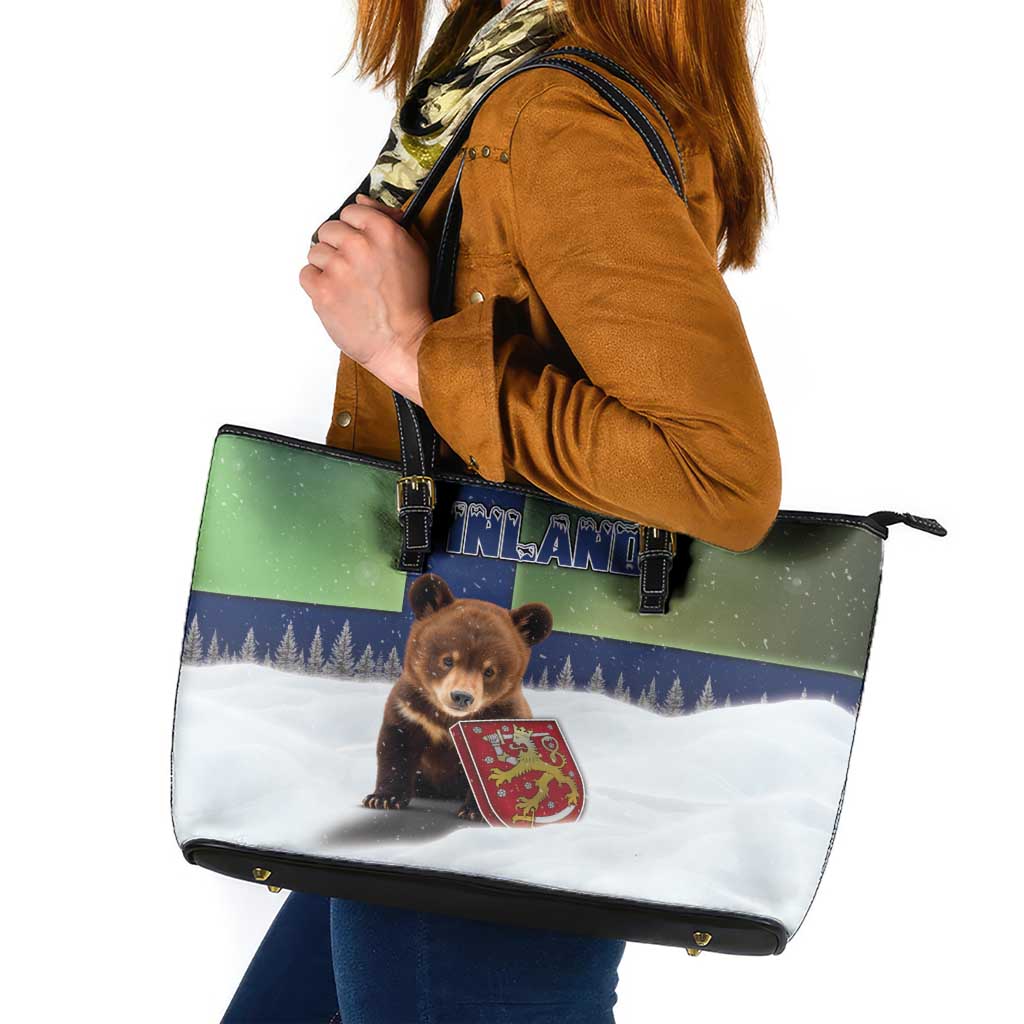 Finland Leather Tote Bag Brown Bear With Symbol Under The Aurora Sky - Wonder Print Shop