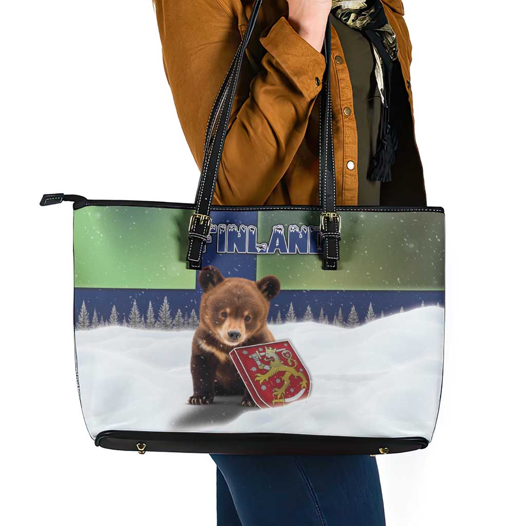 Finland Leather Tote Bag Brown Bear With Symbol Under The Aurora Sky - Wonder Print Shop