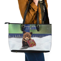 Finland Leather Tote Bag Brown Bear With Symbol Under The Aurora Sky - Wonder Print Shop