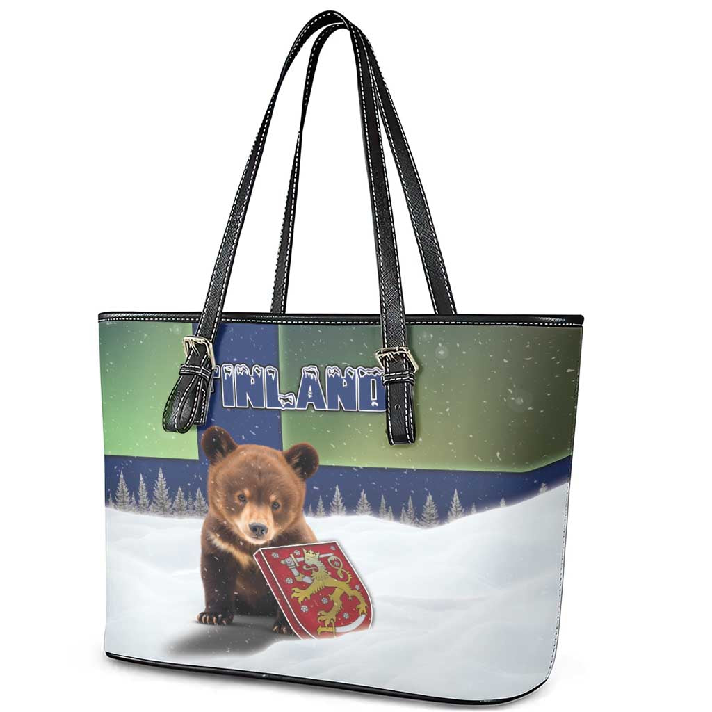 Finland Leather Tote Bag Brown Bear With Symbol Under The Aurora Sky - Wonder Print Shop