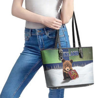 Finland Leather Tote Bag Brown Bear With Symbol Under The Aurora Sky - Wonder Print Shop