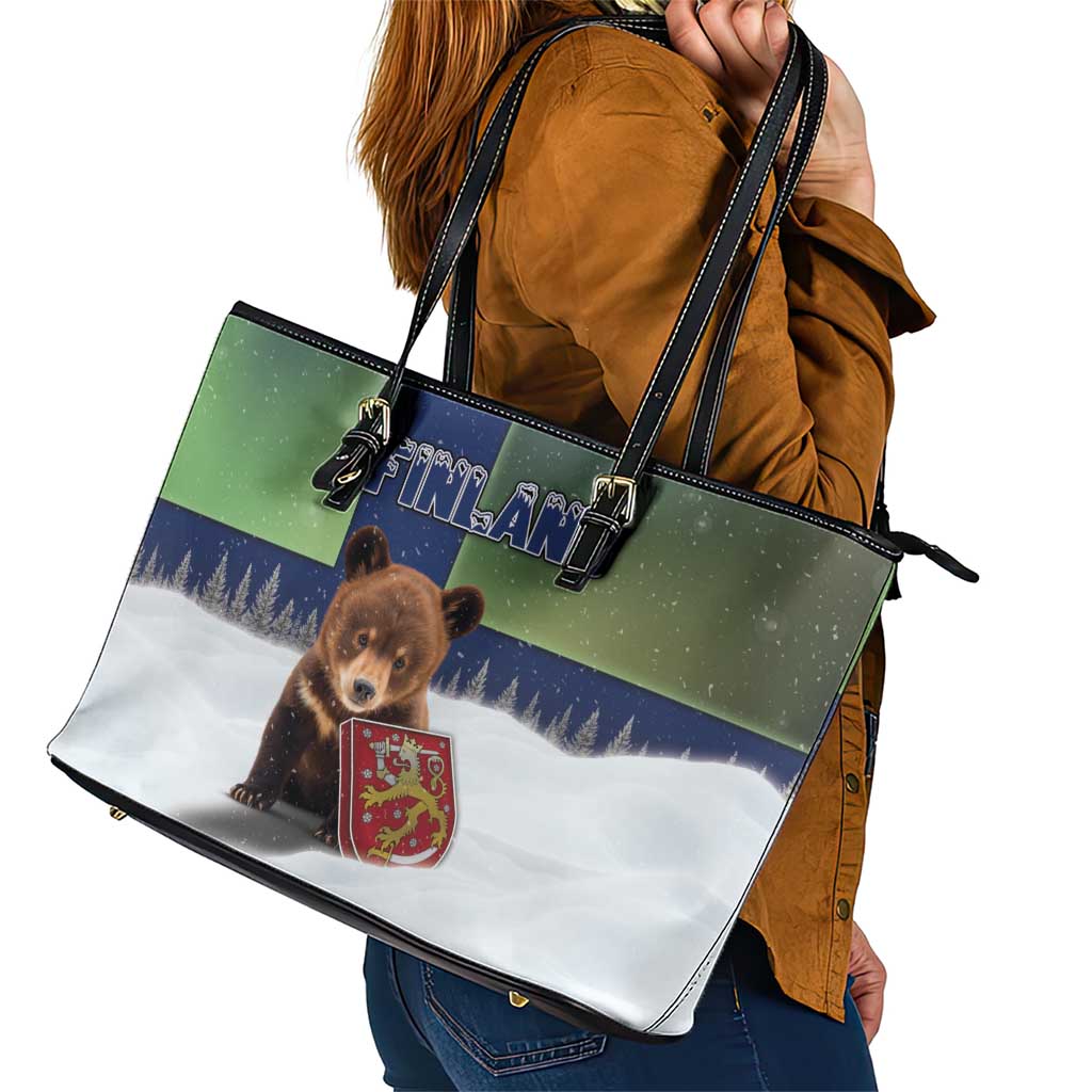 Finland Leather Tote Bag Brown Bear With Symbol Under The Aurora Sky - Wonder Print Shop