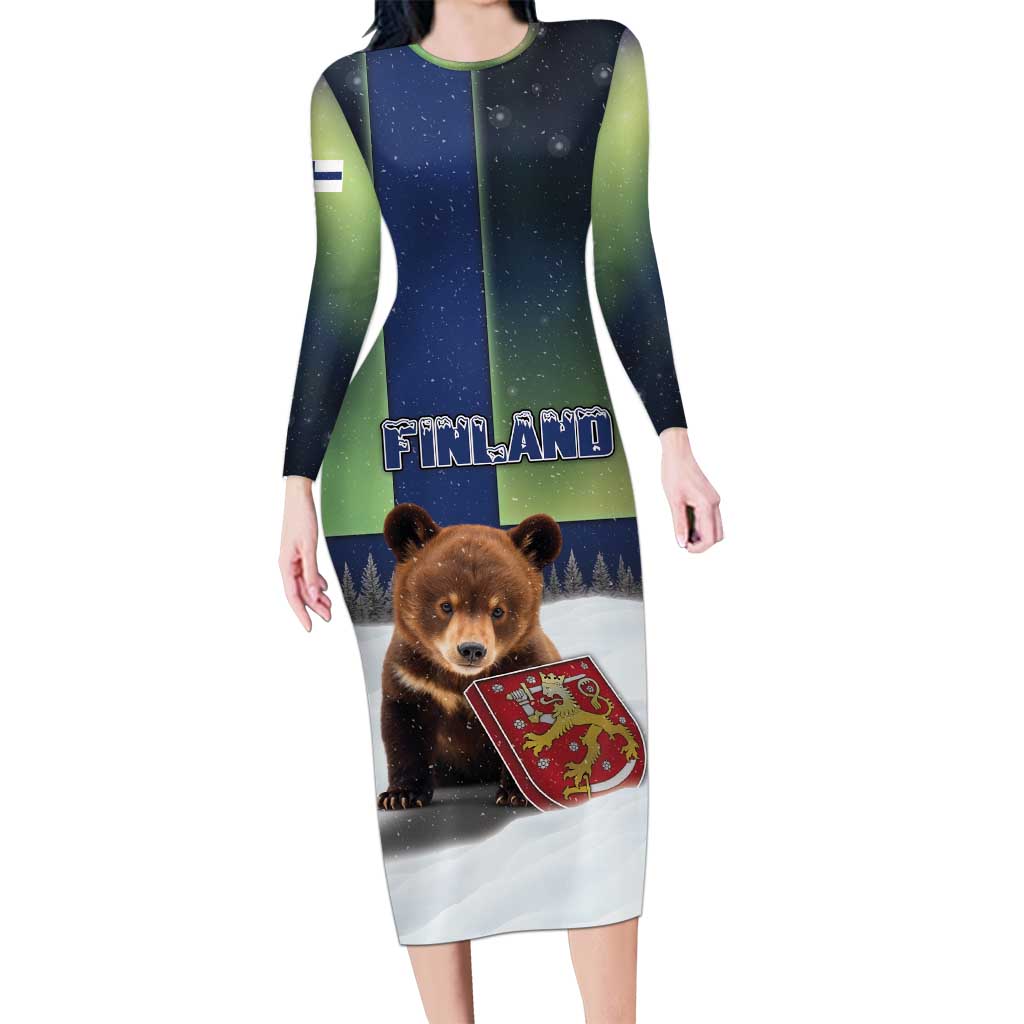 Personalized Finland Long Sleeve Bodycon Dress Brown Bear With Symbol Under The Aurora Sky - Wonder Print Shop