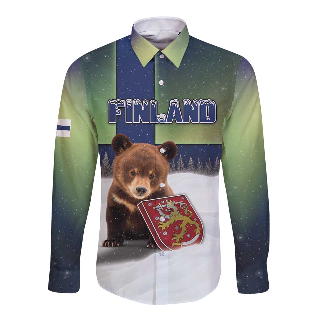 Personalized Finland Long Sleeve Button Shirt Brown Bear With Symbol Under The Aurora Sky - Wonder Print Shop