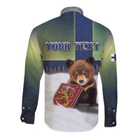 Personalized Finland Long Sleeve Button Shirt Brown Bear With Symbol Under The Aurora Sky - Wonder Print Shop