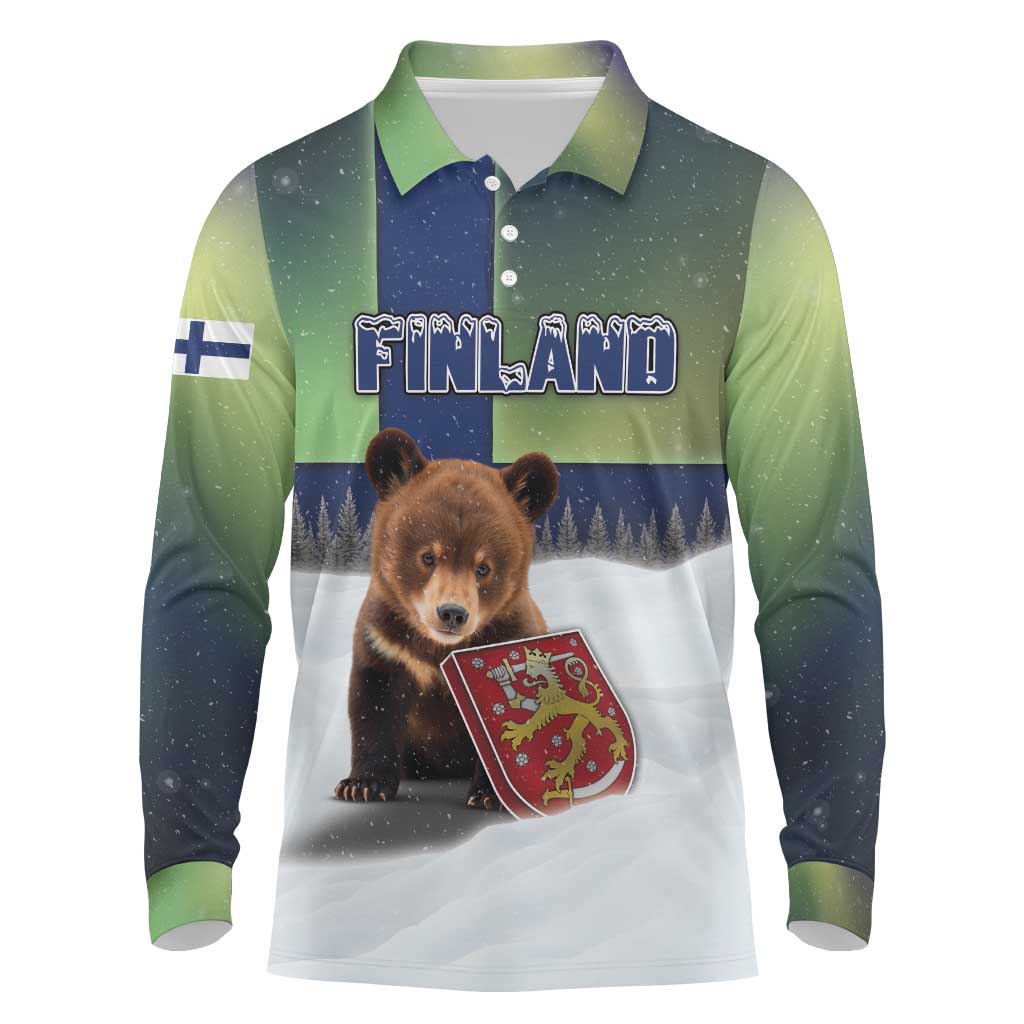 Personalized Finland Long Sleeve Polo Shirt Brown Bear With Symbol Under The Aurora Sky - Wonder Print Shop