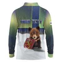 Personalized Finland Long Sleeve Polo Shirt Brown Bear With Symbol Under The Aurora Sky - Wonder Print Shop