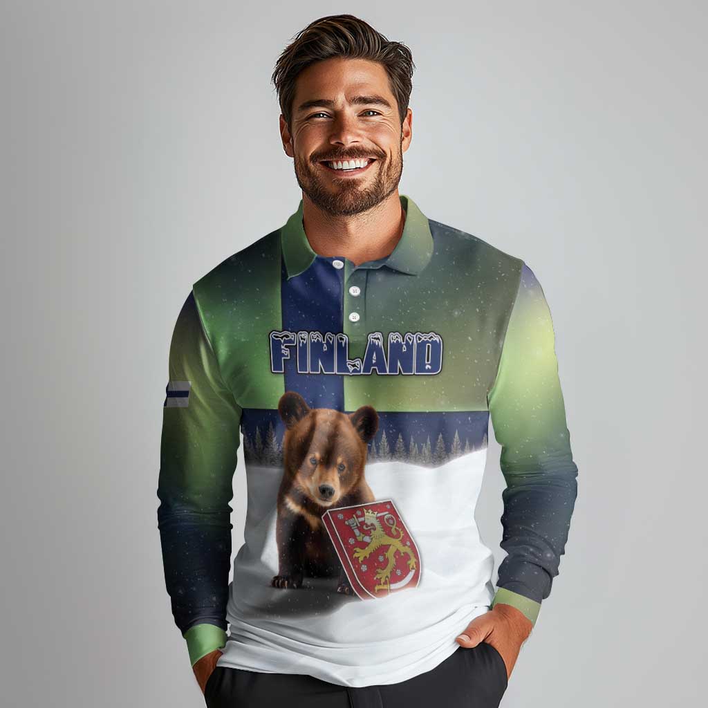 Personalized Finland Long Sleeve Polo Shirt Brown Bear With Symbol Under The Aurora Sky - Wonder Print Shop