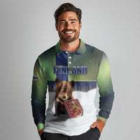 Personalized Finland Long Sleeve Polo Shirt Brown Bear With Symbol Under The Aurora Sky - Wonder Print Shop