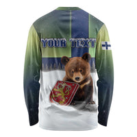Personalized Finland Long Sleeve Shirt Brown Bear With Symbol Under The Aurora Sky - Wonder Print Shop