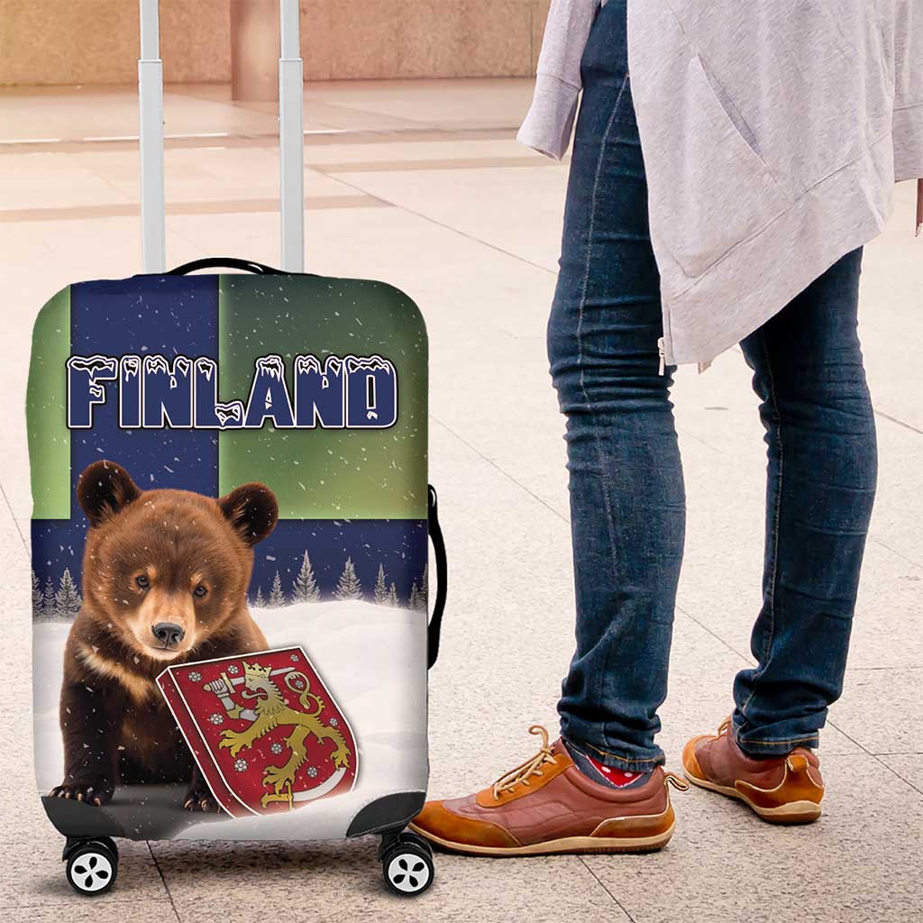Finland Luggage Cover Brown Bear With Symbol Under The Aurora Sky - Wonder Print Shop