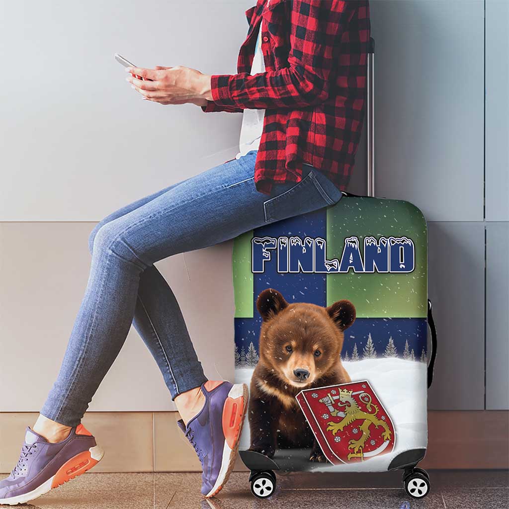 Finland Luggage Cover Brown Bear With Symbol Under The Aurora Sky - Wonder Print Shop