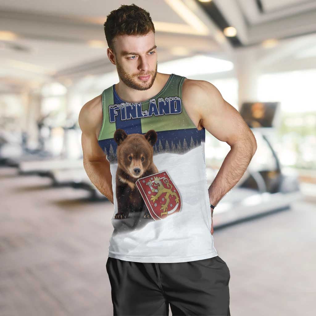 Personalized Finland Men Tank Top Brown Bear With Symbol Under The Aurora Sky - Wonder Print Shop