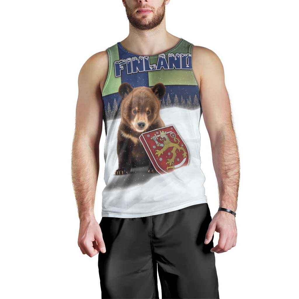 Personalized Finland Men Tank Top Brown Bear With Symbol Under The Aurora Sky - Wonder Print Shop
