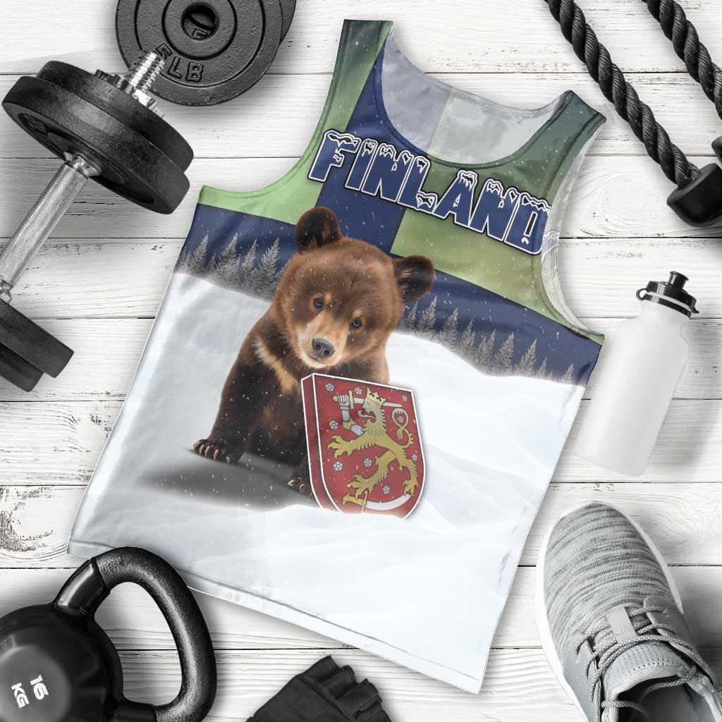Personalized Finland Men Tank Top Brown Bear With Symbol Under The Aurora Sky - Wonder Print Shop
