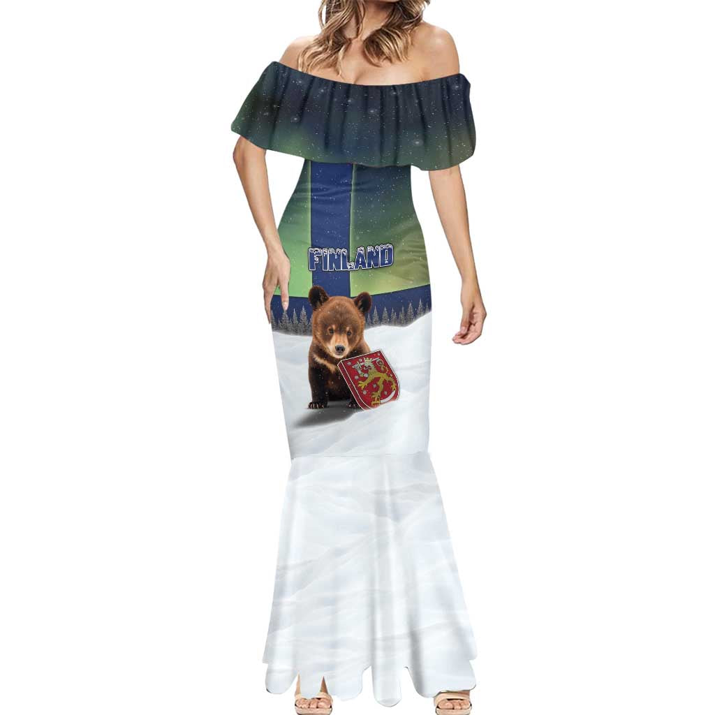 Personalized Finland Mermaid Dress Brown Bear With Symbol Under The Aurora Sky - Wonder Print Shop