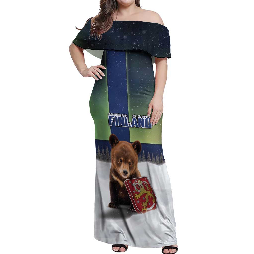 Personalized Finland Off Shoulder Maxi Dress Brown Bear With Symbol Under The Aurora Sky - Wonder Print Shop