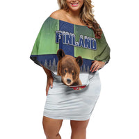 Personalized Finland Off Shoulder Short Dress Brown Bear With Symbol Under The Aurora Sky - Wonder Print Shop
