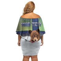 Personalized Finland Off Shoulder Short Dress Brown Bear With Symbol Under The Aurora Sky - Wonder Print Shop