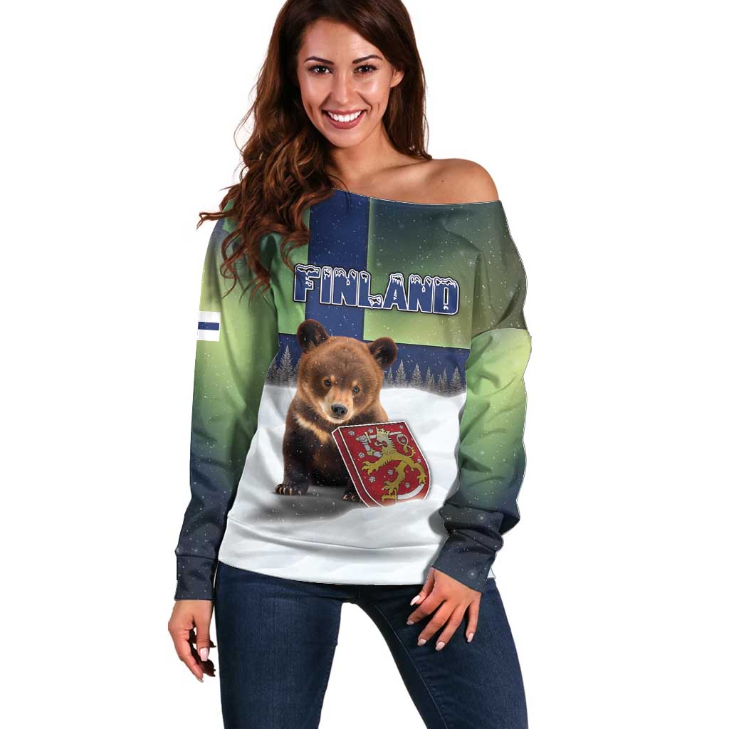 Personalized Finland Off Shoulder Sweater Brown Bear With Symbol Under The Aurora Sky - Wonder Print Shop