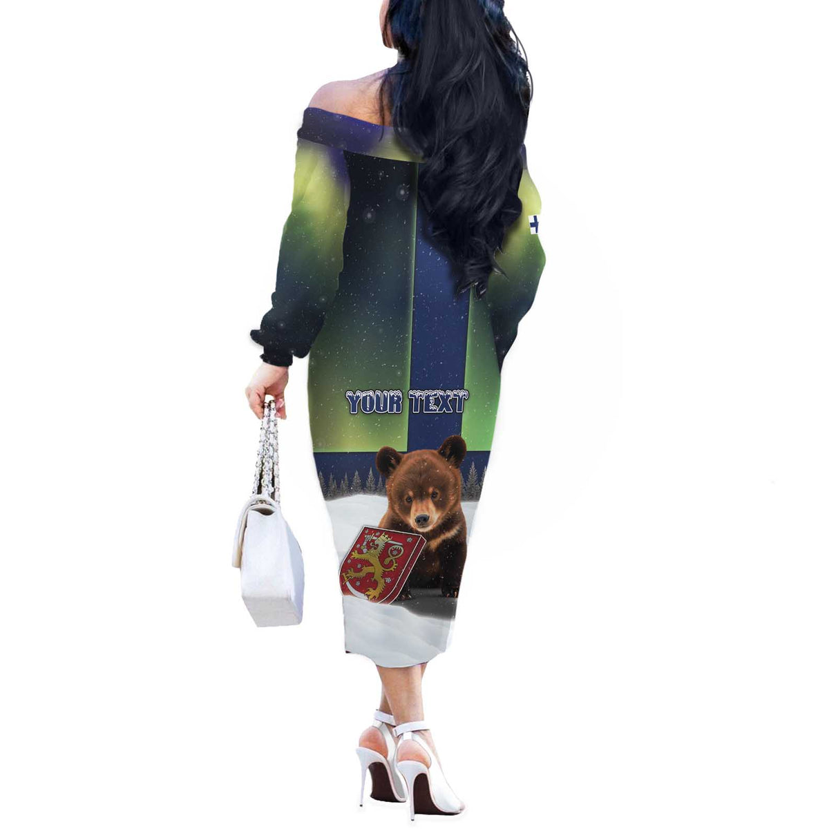 Personalized Finland Off The Shoulder Long Sleeve Dress Brown Bear With Symbol Under The Aurora Sky - Wonder Print Shop