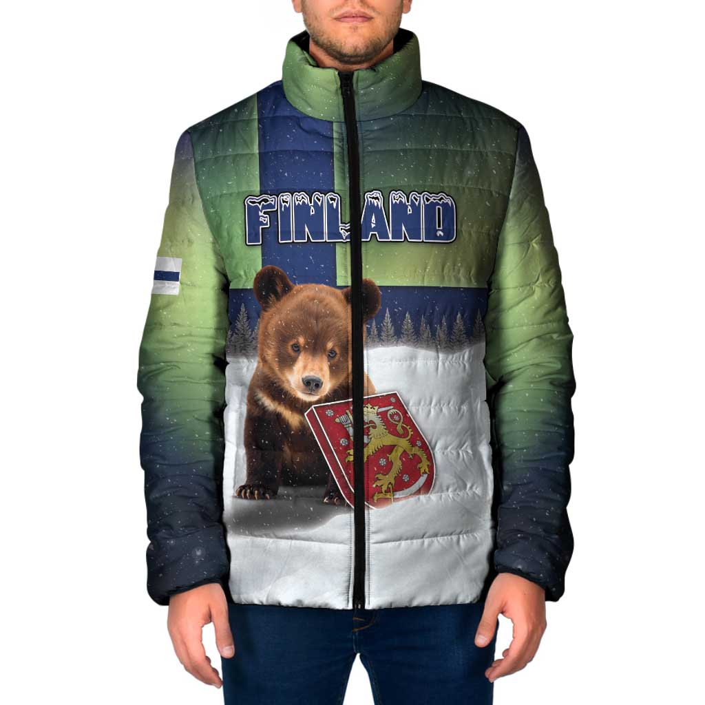 Personalized Finland Padded Jacket Brown Bear With Symbol Under The Aurora Sky - Wonder Print Shop