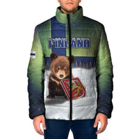 Personalized Finland Padded Jacket Brown Bear With Symbol Under The Aurora Sky - Wonder Print Shop