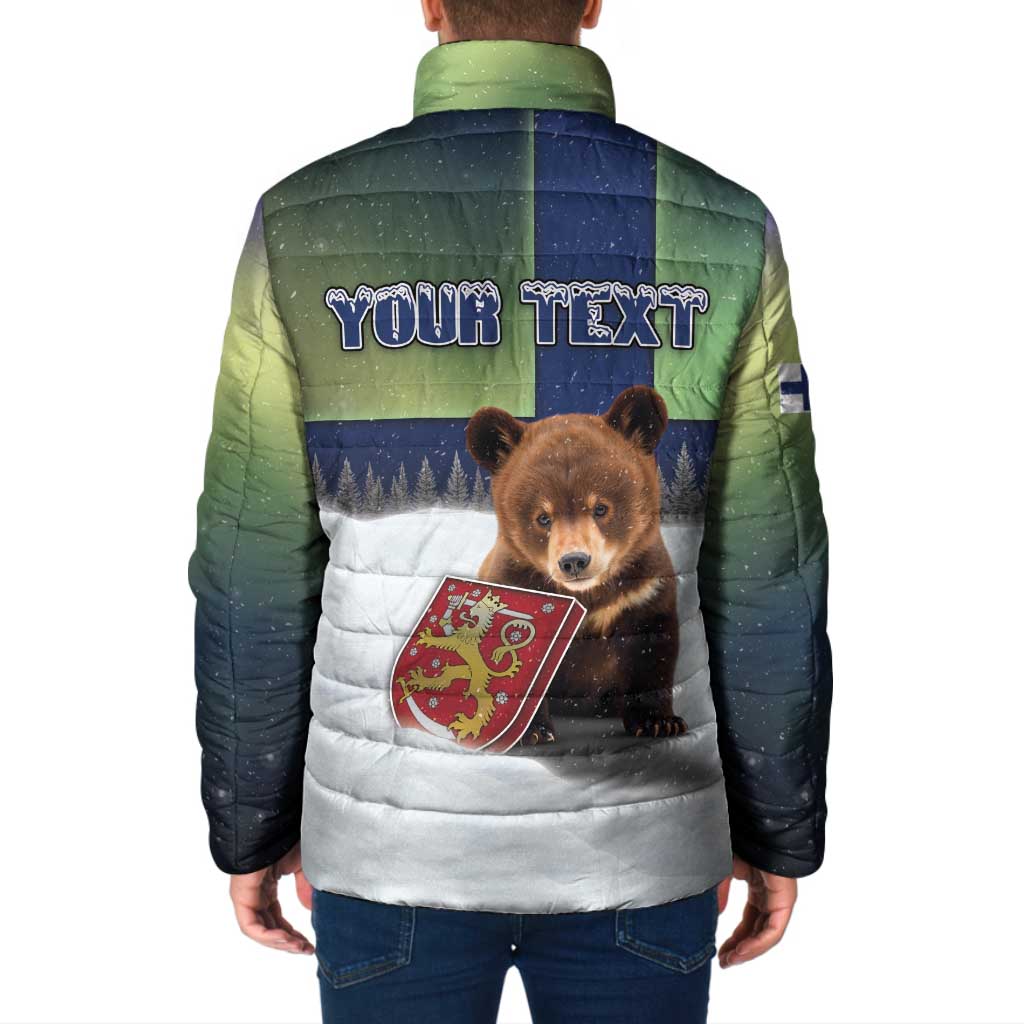 Personalized Finland Padded Jacket Brown Bear With Symbol Under The Aurora Sky - Wonder Print Shop