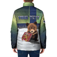 Personalized Finland Padded Jacket Brown Bear With Symbol Under The Aurora Sky - Wonder Print Shop