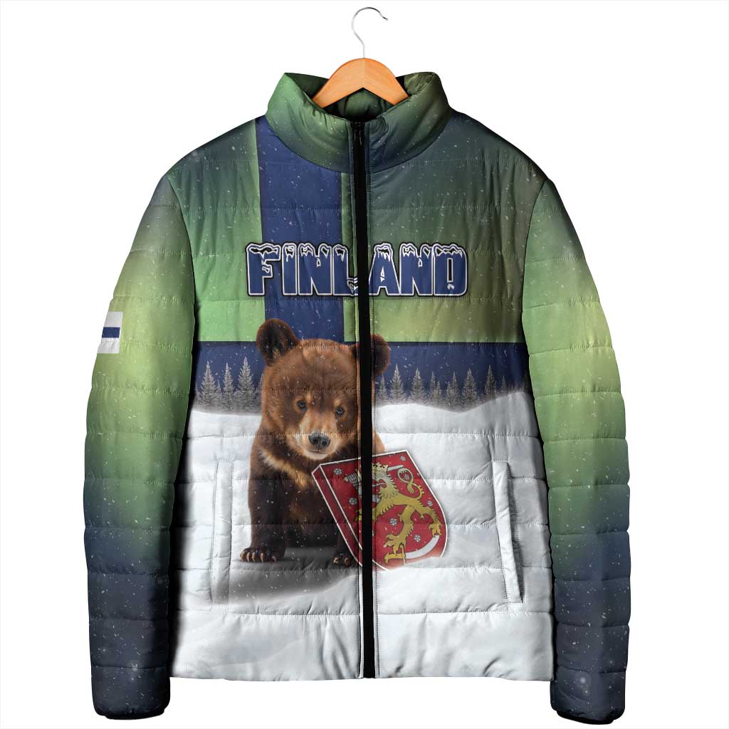 Personalized Finland Padded Jacket Brown Bear With Symbol Under The Aurora Sky - Wonder Print Shop