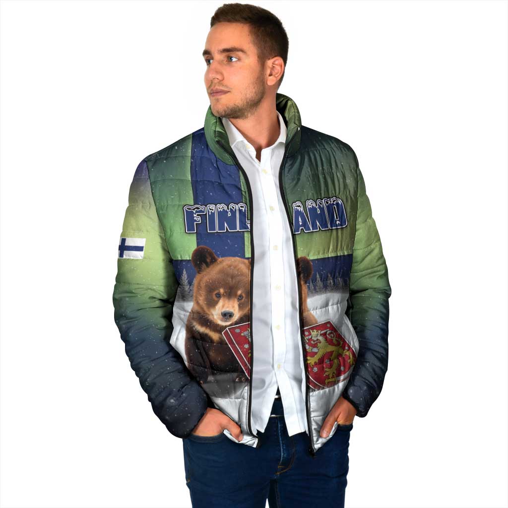 Personalized Finland Padded Jacket Brown Bear With Symbol Under The Aurora Sky - Wonder Print Shop