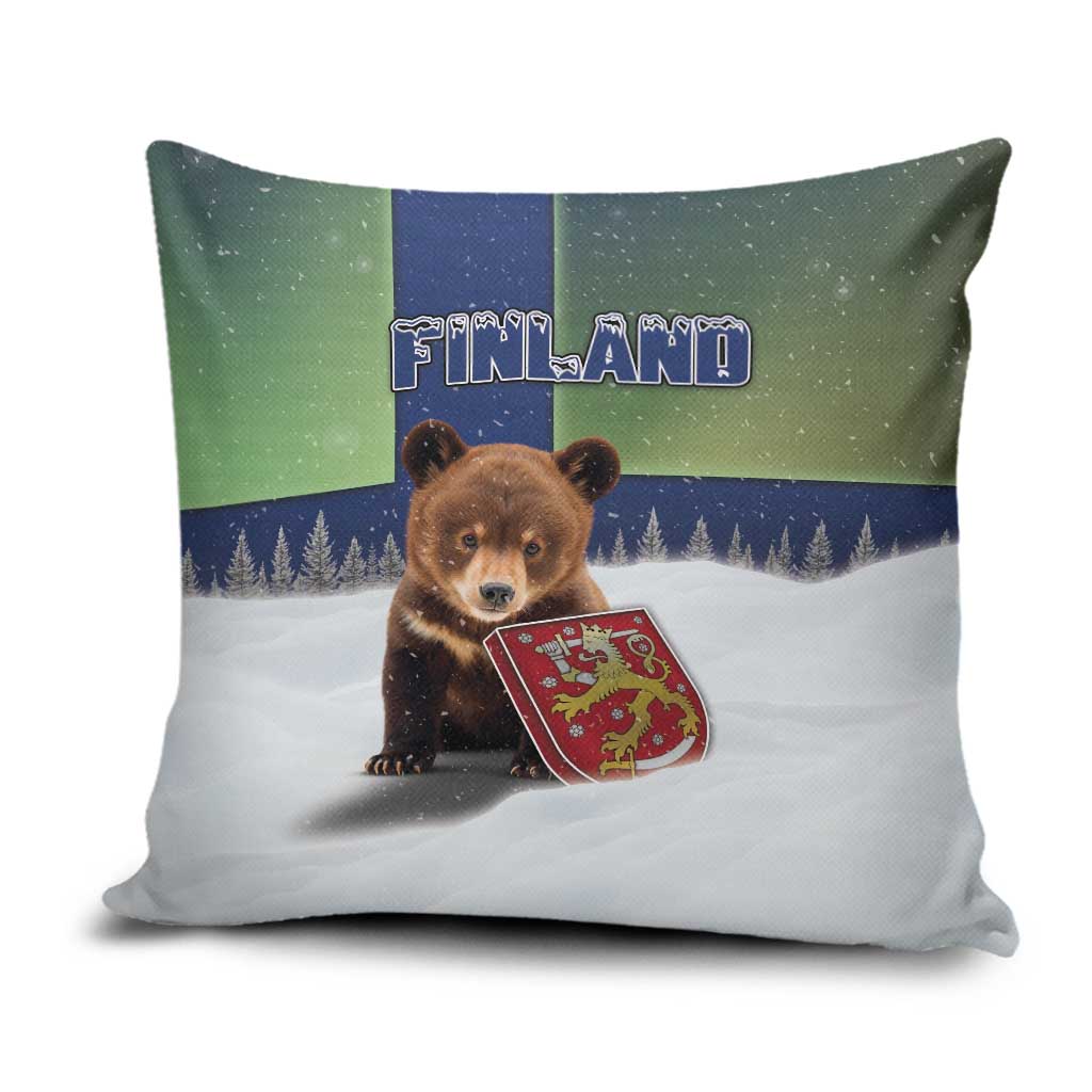 Finland Pillow Cover Brown Bear With Symbol Under The Aurora Sky - Wonder Print Shop
