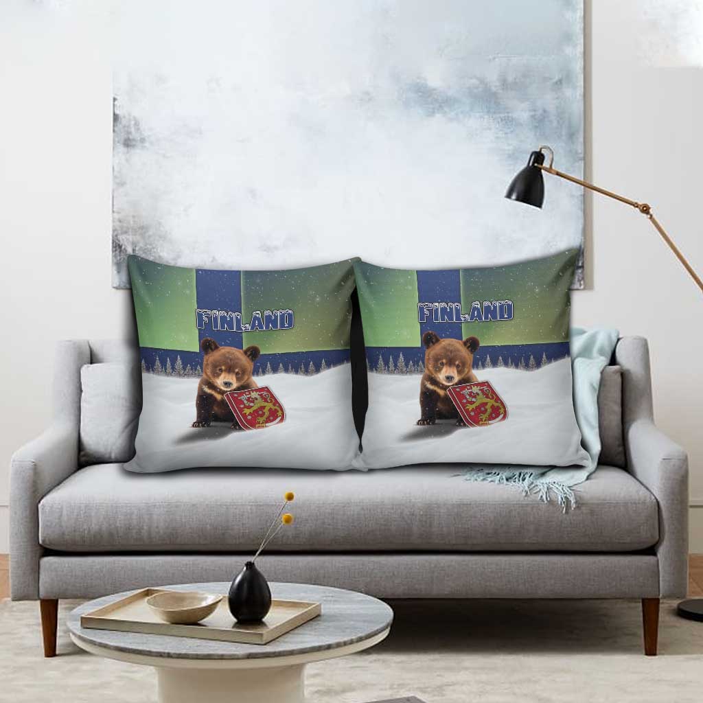 Finland Pillow Cover Brown Bear With Symbol Under The Aurora Sky - Wonder Print Shop