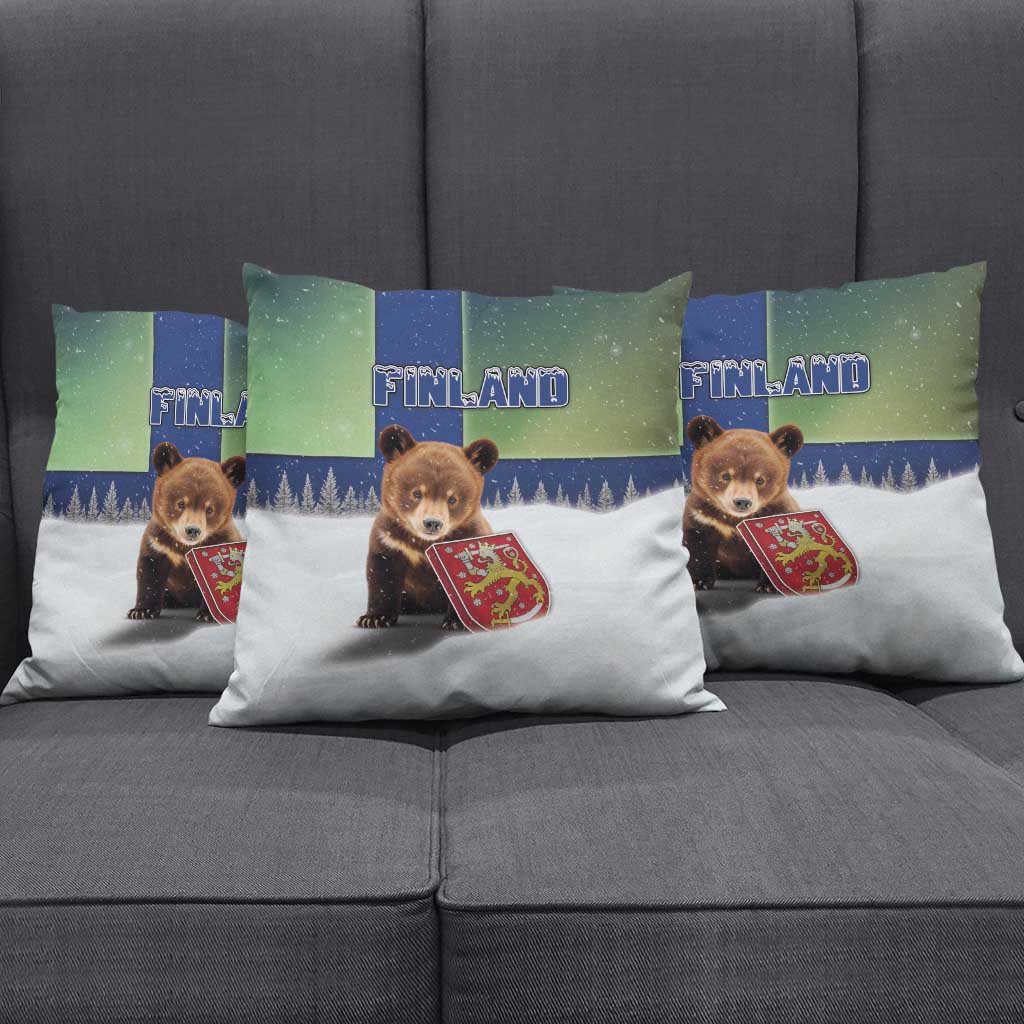 Finland Pillow Cover Brown Bear With Symbol Under The Aurora Sky - Wonder Print Shop