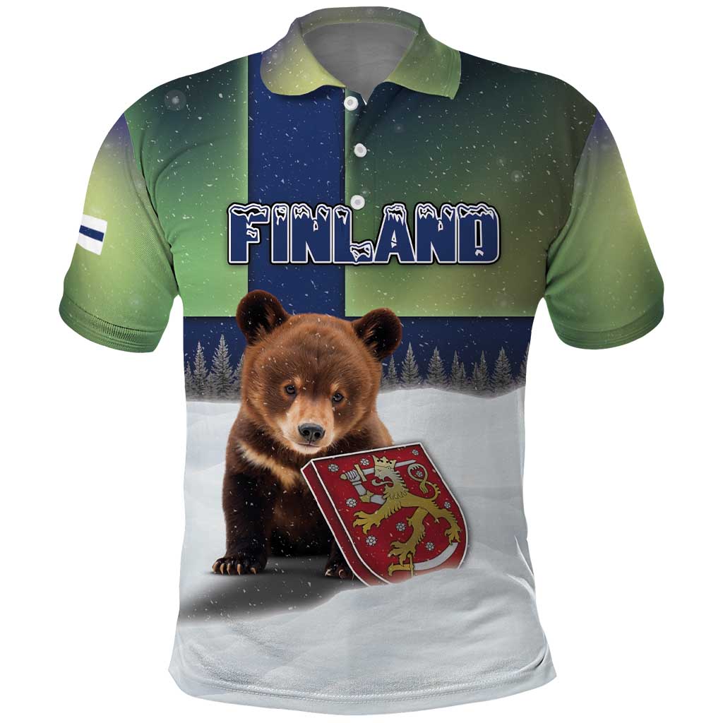 Personalized Finland Polo Shirt Brown Bear With Symbol Under The Aurora Sky - Wonder Print Shop